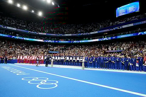 Men's water polo: Silver medalists Croatia, Gold medalists Serbia and Bronze medalists United States during medal ceremony